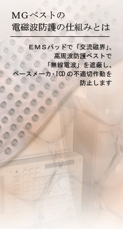 MGベストの電磁波防護の仕組みとは---EMSパッドで「交流磁界」、高周波防護ベストで「無線電波」を遮蔽し、ペースメーカの不適切作動を防止します